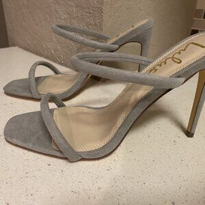 Lulus Theyaa Grey Suede Square Toe Strappy High Heel Heels Shoes 8.5